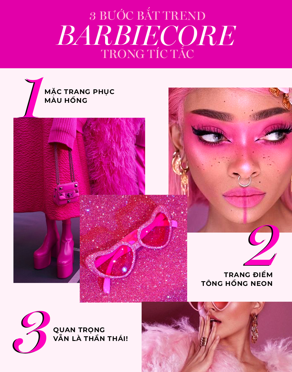 Trào lưu làm đẹp Barbiecore trong mùa hè 2022 với những gợi ý bắt trend: 1) Mặc trang phục màu hồng; 2) Trang điểm tông hồng neon; 3) Quan trọng vẫn là thần thái! Cùng khám phá cách bắt trend Barbiecore trong tíc tắc.