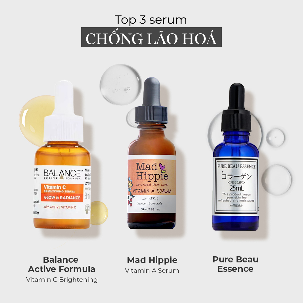 Top 3 serum chống lão hóa, bao gồm Balance Active Formula Vitamin C Brightening, Mad Hippie Vitamin A Serum và Pure Beau Essence giúp chăm sóc da hiệu quả. Khám phá mẹo chăm da từ nữ luật sư kỳ lạ Woo Young Woo, Park Eun Bin trong bài viết này.