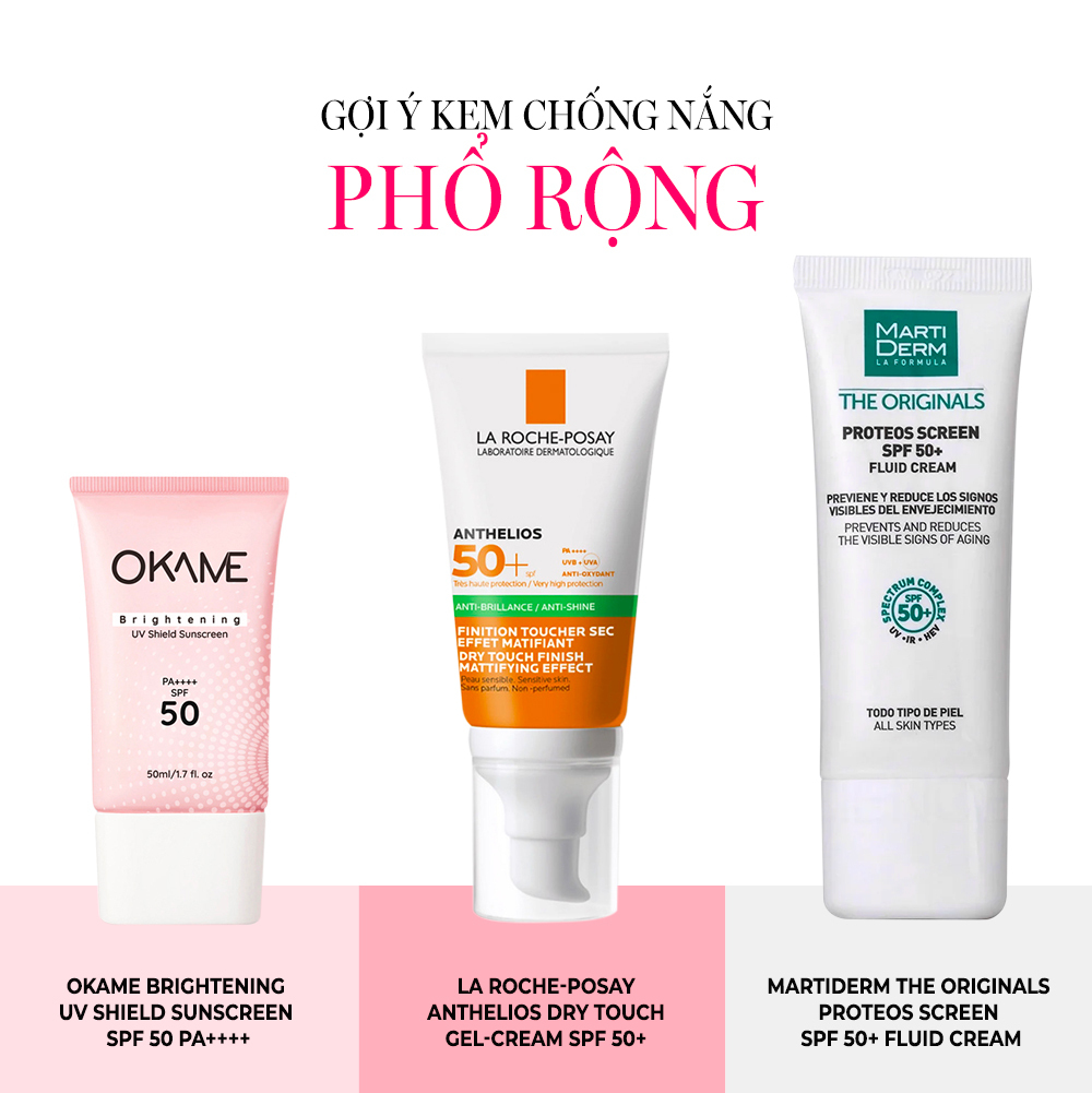 Gợi ý kem chống nắng phổ rộng với 3 sản phẩm: OKAME Brightening UV Shield Sunscreen SPF 50 PA++++, La Roche-Posay Anthelios Dry Touch Gel-Cream SPF 50+, và MartiDerm The Originals Proteos Screen SPF 50+ Fluid Cream. Những mẹo chăm sóc da từ bác sĩ da liễu Terry Long giúp bảo vệ làn da khỏi thâm nám trong mùa hè.