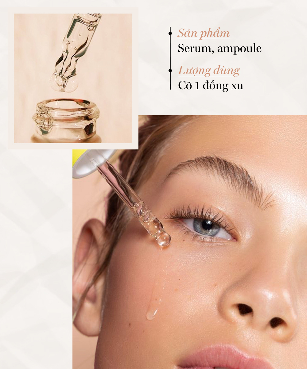 Bài viết về liều lượng sử dụng mỹ phẩm với sự tư vấn của bác sĩ da liễu. Hình ảnh thể hiện cách nhỏ serum lên da, khuyến nghị 1 đồng xu cho lượng sử dụng thích hợp, nhấn mạnh vào liều lượng dùng mỹ phẩm để có hiệu quả tốt nhất.