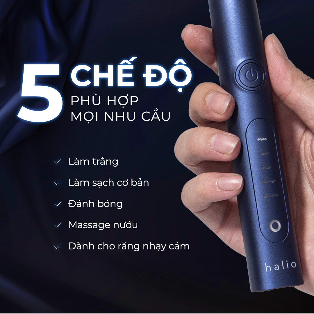 5 chế độ bàn chải điện Halio Sonic Whitening Electric Toothbrush PRO: làm trắng, làm sạch cơ bản, đánh bóng, massage nướu, dành cho răng nhạy cảm. Phiên bản màu Midnight Blue thiết kế kiểu dáng thời thượng cho phái mạnh.