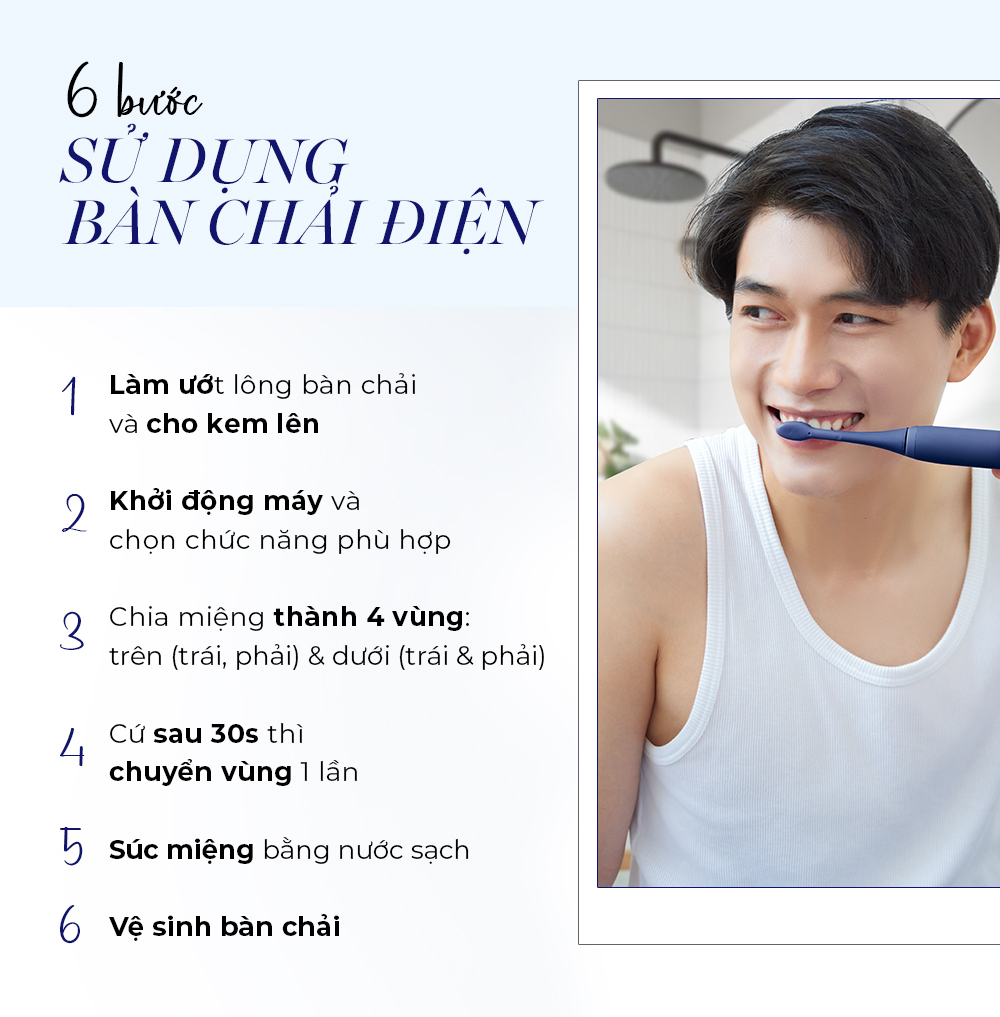 Bài viết về niềng răng với hướng dẫn 6 bước sử dụng bàn chải điện. Nội dung tập trung vào cách chăm sóc răng miệng hiệu quả cho người niềng răng, trả lời câu hỏi niềng răng nên dùng bàn chải điện hay bàn chải thông thường, nhấn mạnh sự cần thiết của việc làm sạch để ngăn ngừa sâu răng và viêm nướu.