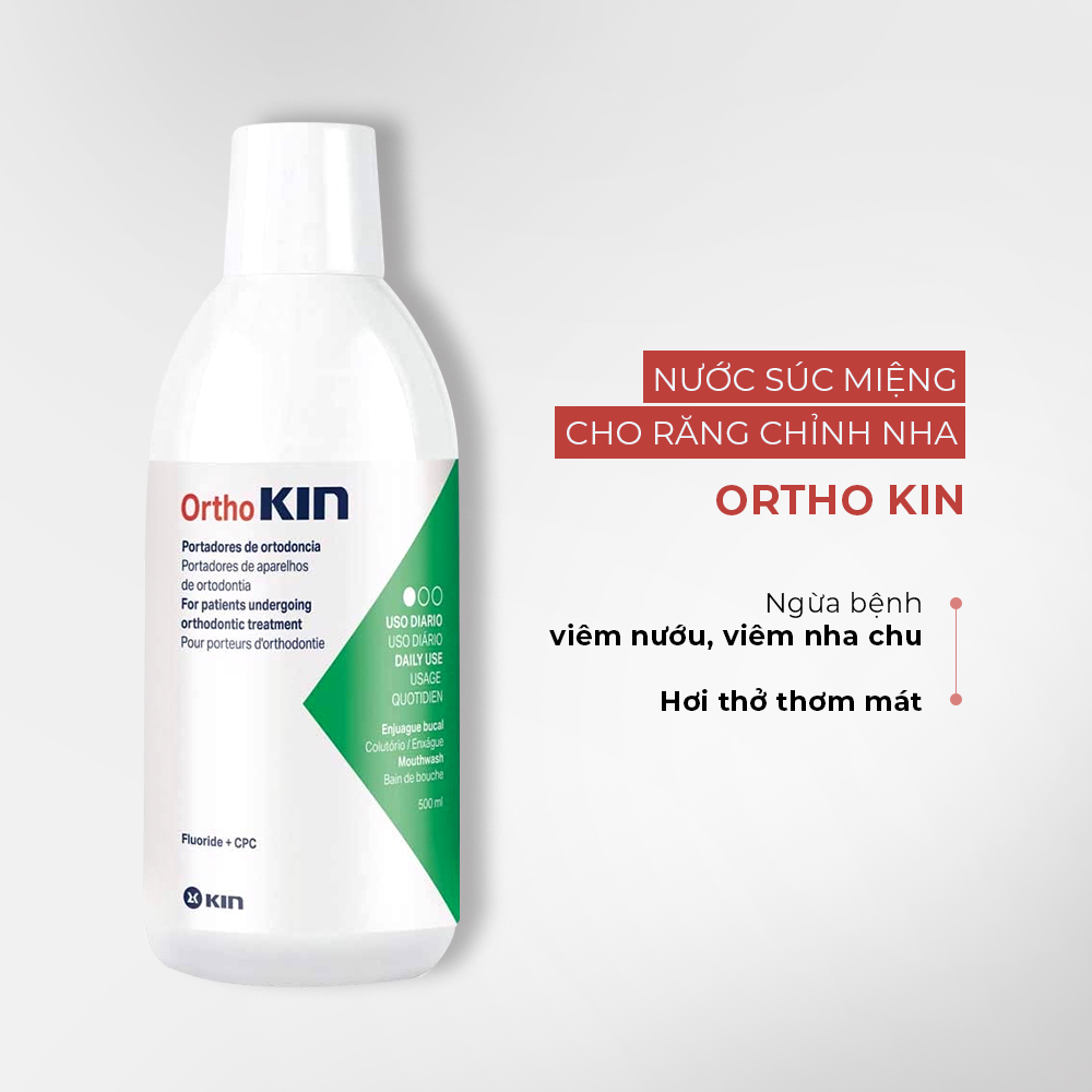 Nước súc miệng Ortho Kin dành cho người niềng răng, giúp ngăn ngừa viêm nướu và hôi miệng. Đây là lựa chọn tuyệt vời cho việc chăm sóc răng miệng hiệu quả trong quá trình niềng răng. Sản phẩm thích hợp sử dụng hàng ngày để bảo vệ sức khỏe miệng.