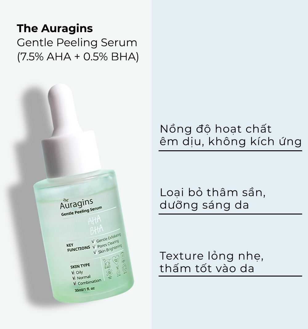 The Auragins Gentle Peeling Serum chứa 7.5% AHA và 0.5% BHA giúp tẩy tế bào chết nhẹ nhàng, làm sạch lỗ chân lông, sáng da mà không gây kích ứng. Với kết cấu lỏng nhẹ, thẩm thấu tốt vào da, sản phẩm phù hợp cho da dầu, da thường và da hỗn hợp.