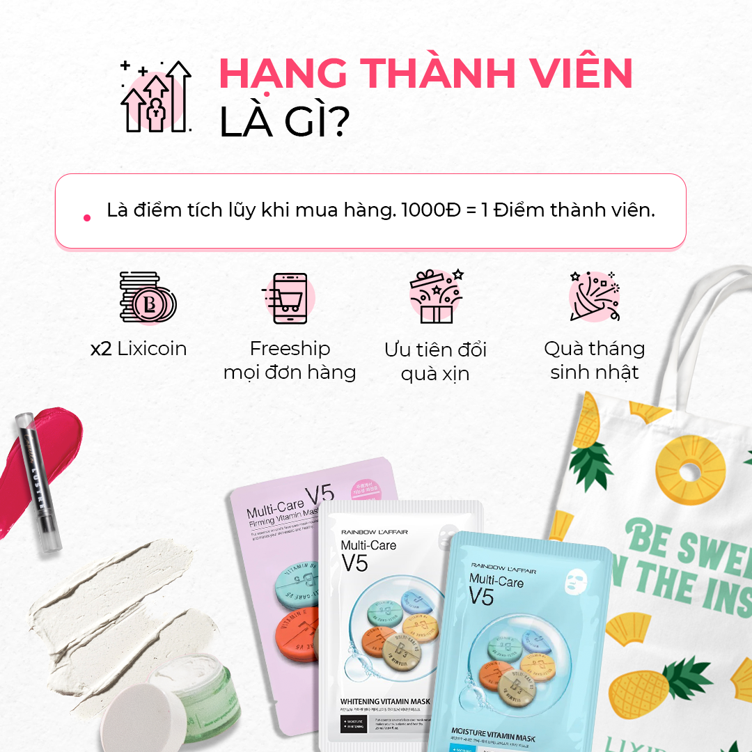 Thông tin về hạng thành viên tại Lixibox: 1000Đ = 1 Điểm thành viên, x2 Lixicoin, freeship mọi đơn hàng, ưu tiên đổi quà xịn, và quà tháng sinh nhật. Mua hàng từ 100k có thể nhận quà GWP - Gift with Purchase độc quyền tại Lixibox!