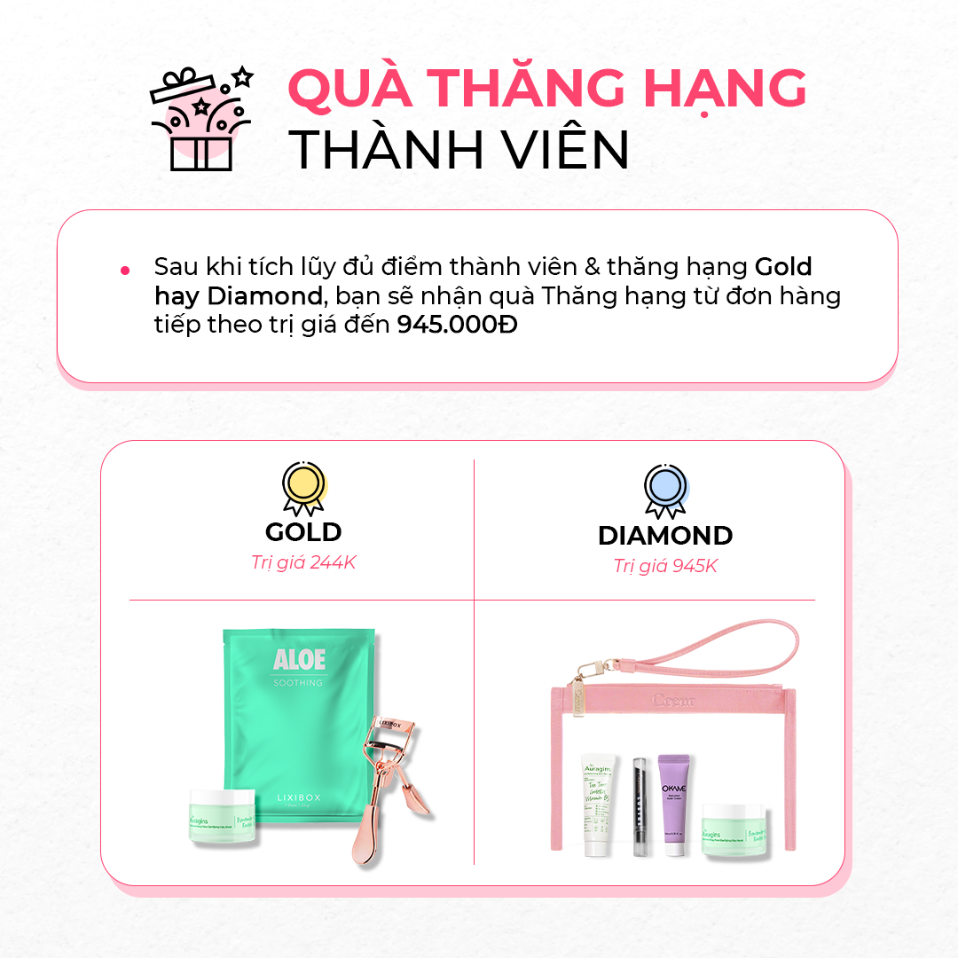 Quà Thưởng Hạng Thành Viên tại Lixibox với cơ hội nhận quà tặng giá trị từ đơn hàng hơn 100k. Chi tiết về GWP Lixibox, quà thẻ Gold trị giá 244K và quà thẻ Diamond trị giá 945K cho thành viên.