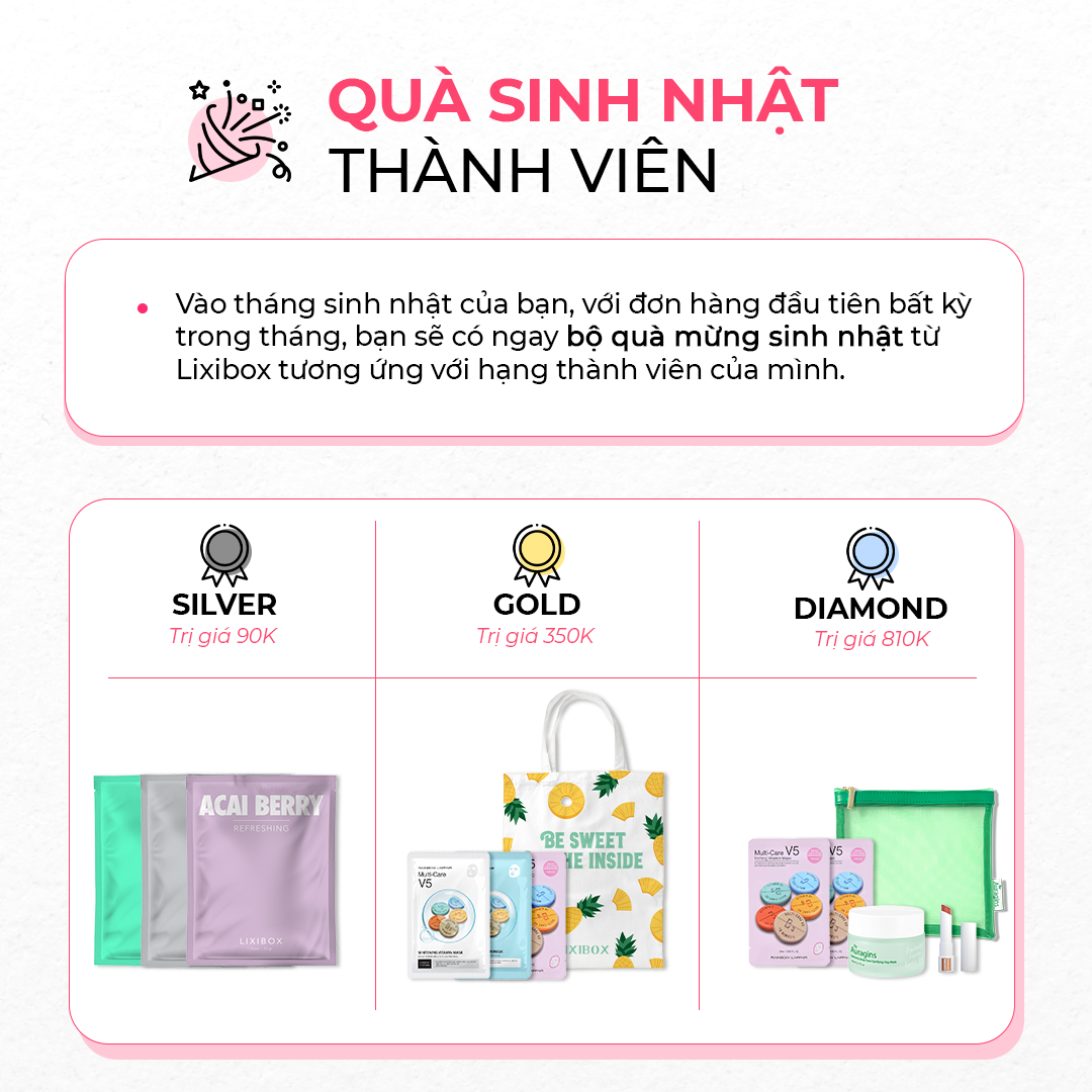 Quà sinh nhật cho thành viên tại Lixibox: với mỗi đơn hàng từ 90k, 350k, 810k, bạn sẽ nhận được quà mừng sinh nhật tương ứng với hạng thành viên - Silver, Gold, Diamond, mang lại những đặc quyền hấp dẫn. GWP Lixibox.