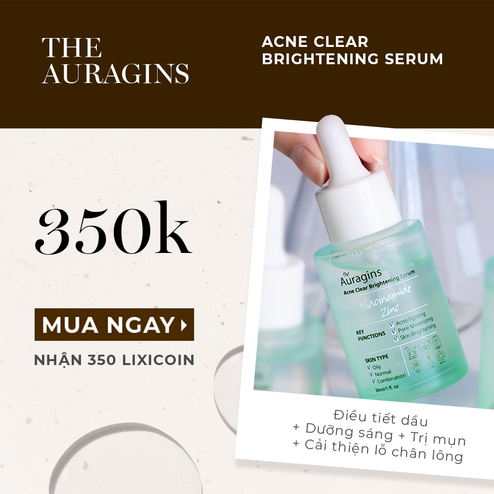 Serum The Auragins Acne Clear Brightening với giá 350k, chứa Niacinamide giúp điều tiết dầu, dưỡng sáng da và trị mụn, phù hợp cho da dầu và da hỗn hợp.