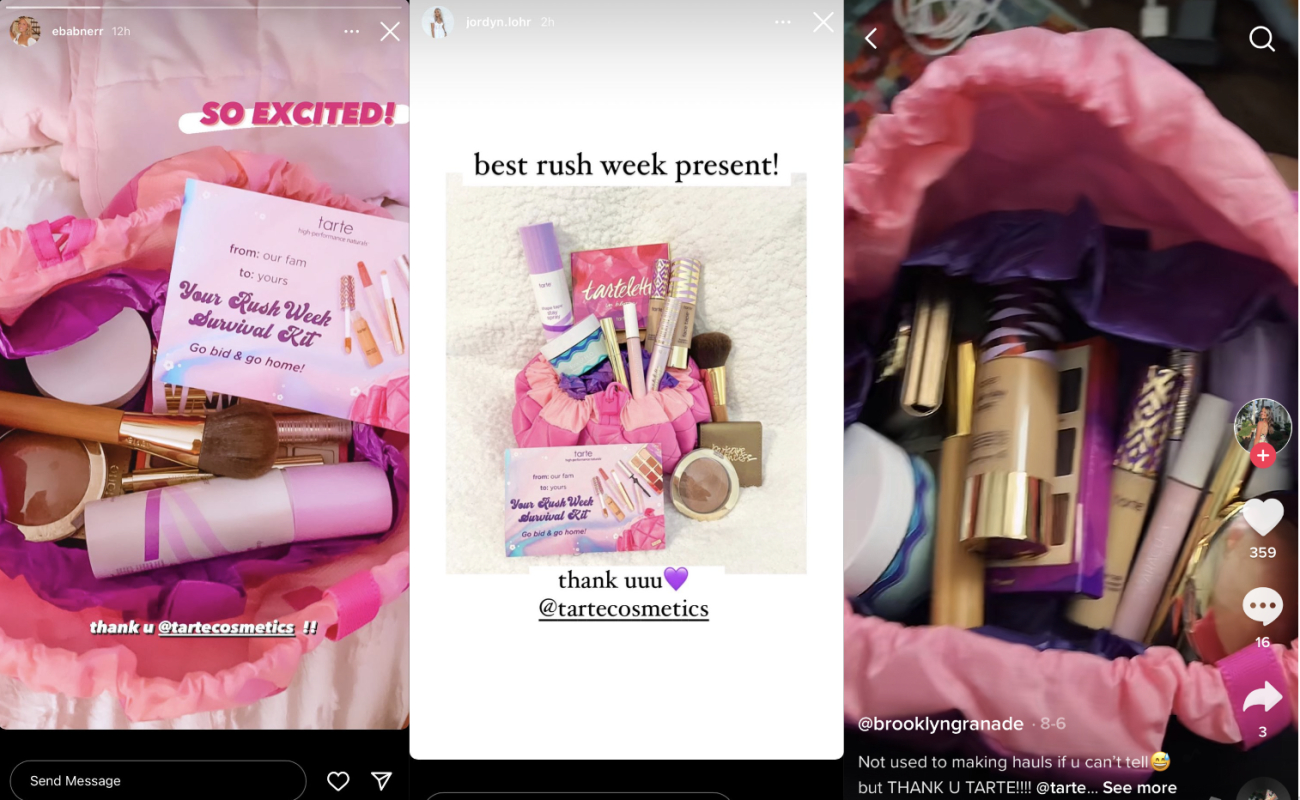 Bộ quà tặng từ Tarte Cosmetics cho nữ sinh vào mùa tựu trường với các sản phẩm trang điểm thiên nhiên. Hành động ý nghĩa từ thương hiệu mỹ phẩm lành tính giúp nâng cao sự nổi bật trên TikTok, thu hút sự chú ý của 30,000 sinh viên.