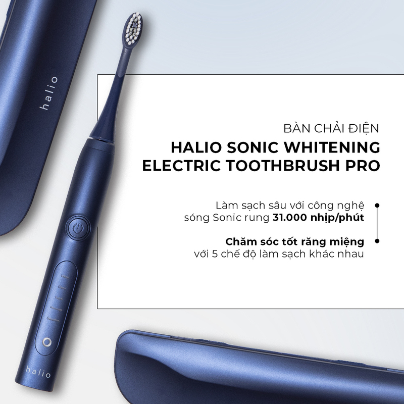 Bàn chải điện Halio Sonic Whitening Electric Toothbrush Pro giúp làm sạch sâu nhờ công nghệ sóng Sonic với 31.000 nhịp/phút, hỗ trợ chăm sóc răng miệng hiệu quả với 5 chế độ làm sạch khác nhau.