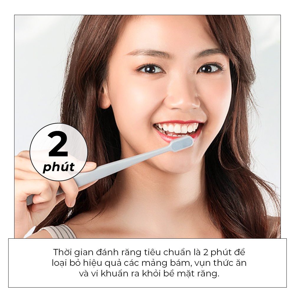 Thời gian đánh răng tiêu chuẩn là 2 phút để loại bỏ hiệu quả các màng bám, vụn thức ăn và vi khuẩn ra khỏi bề mặt răng. Bài viết cũng đề cập đến các dụng cụ chăm sóc răng miệng như bàn chải điện Halio Sonic PRO và tăm nước Halio.