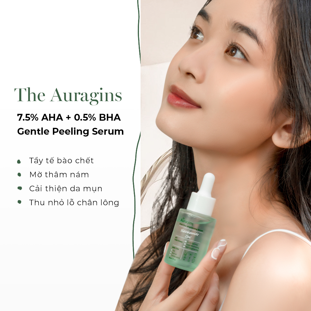 Tổng quan kiến thức peel da cho người mới bắt đầu về sản phẩm The Auragins với 7.5% AHA và 0.5% BHA. Cải thiện da mụn, mờ thâm nám, tẩy tế bào chết, giúp thu nhỏ lỗ chân lông, hướng dẫn cách peel da an toàn và hiệu quả tại nhà.
