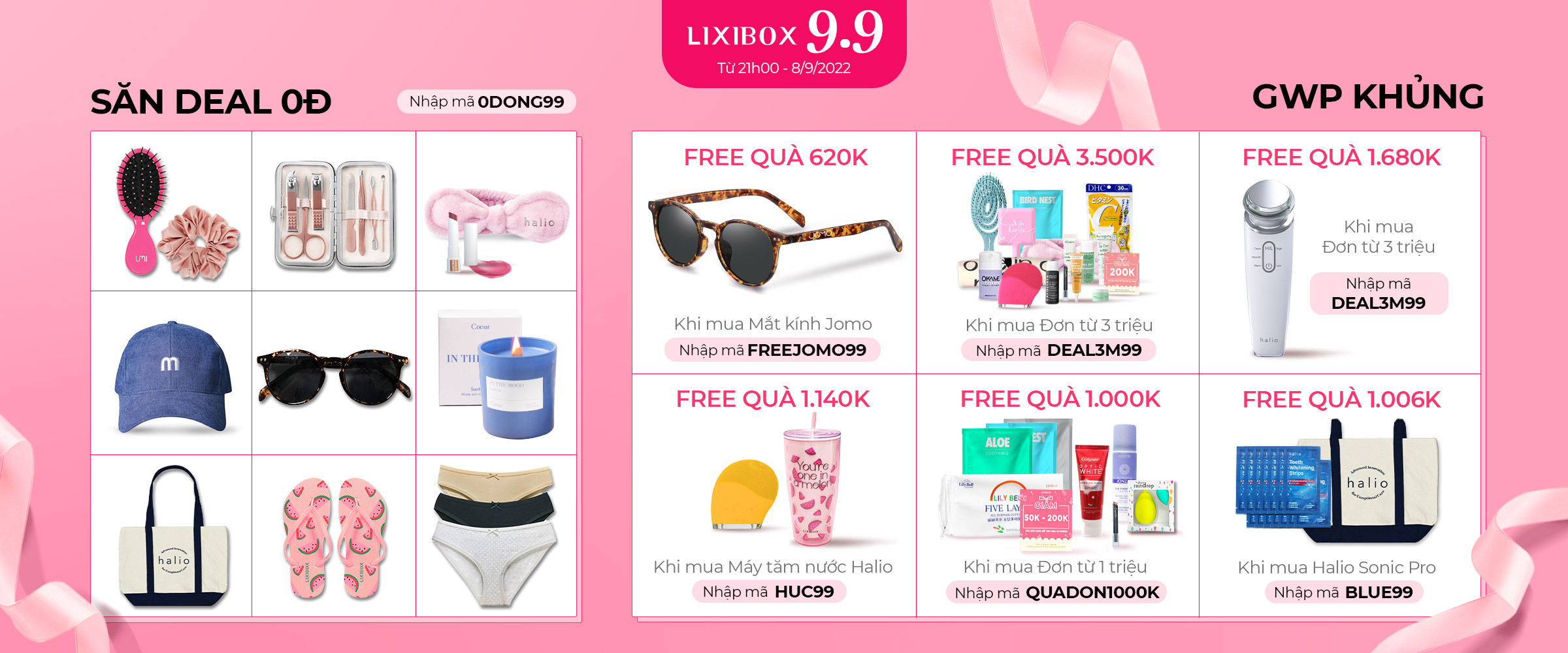 Tổng hợp chương trình GWP 9.9 từ Lixibox với nhiều deal hấp dẫn cho mùa Tết Trung thu. Khuyến mãi với các phần quà giá trị khi mua sắm sản phẩm, bao gồm quà tặng máy Halio, giảm giá lên đến 20%, và một số mã giảm giá khác để tiết kiệm chi phí.