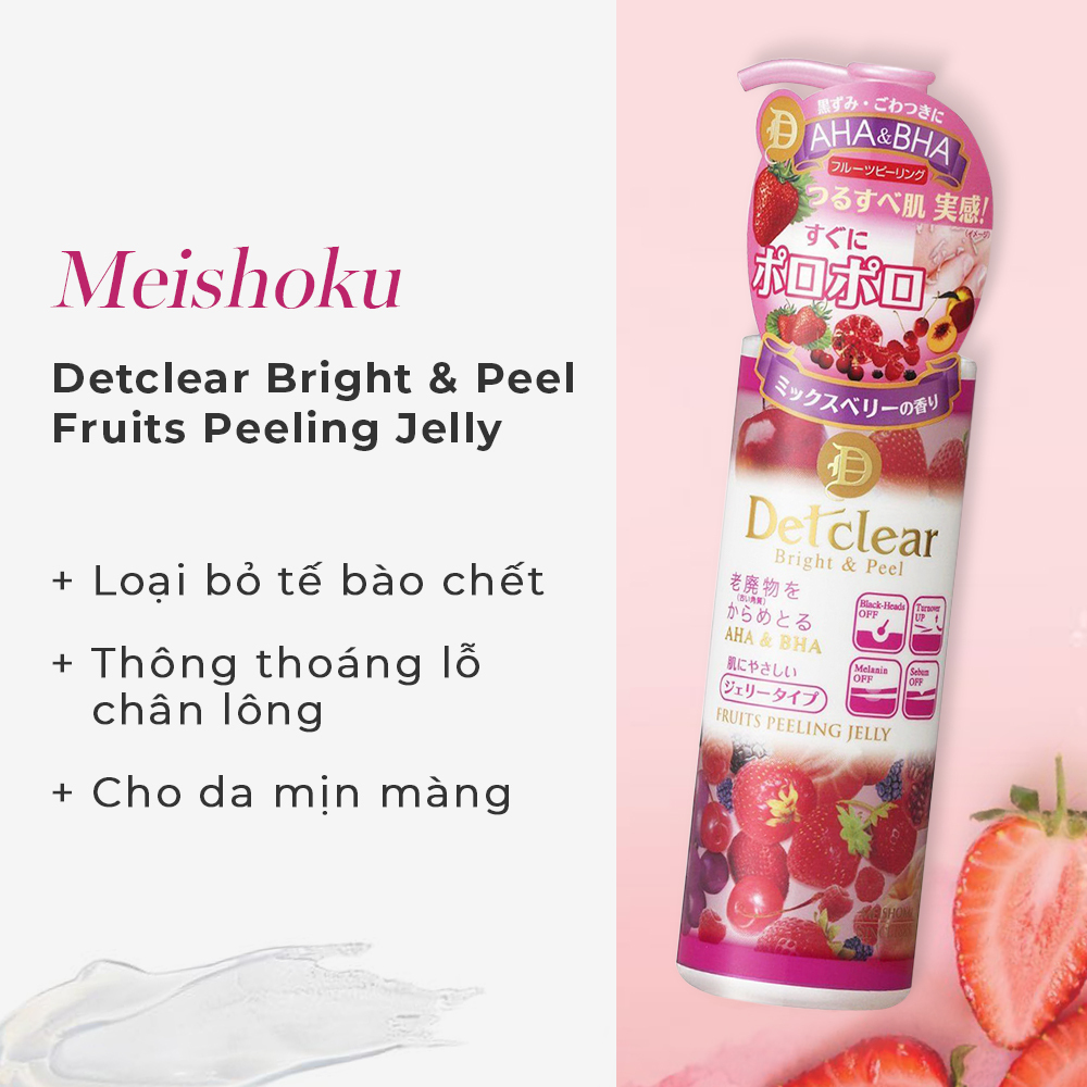 Detclear Bright & Peel Fruits Peeling Jelly của Meishoku giúp loại bỏ tế bào chết, thông thoáng lỗ chân lông và mang lại làn da mịn màng. Sản phẩm peel da nồng độ nhẹ, phù hợp cho việc peel da tại nhà.