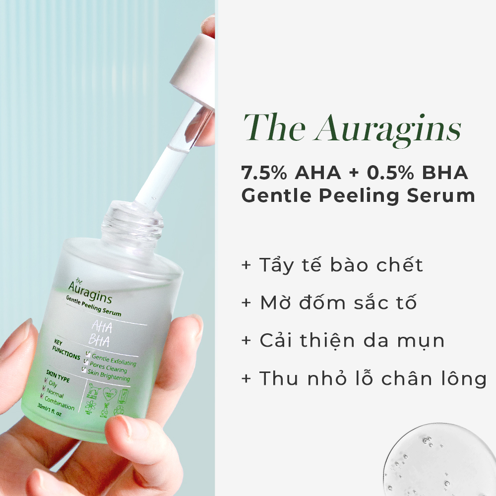 Sản phẩm The Auragins Gentle Peeling Serum với 7.5% AHA và 0.5% BHA, giúp tẩy tế bào chết, mở d pores, cải thiện da mụn, thu nhỏ lỗ chân lông. Lựa chọn lý tưởng cho peel da tại nhà, hiệu quả nhẹ nhàng.