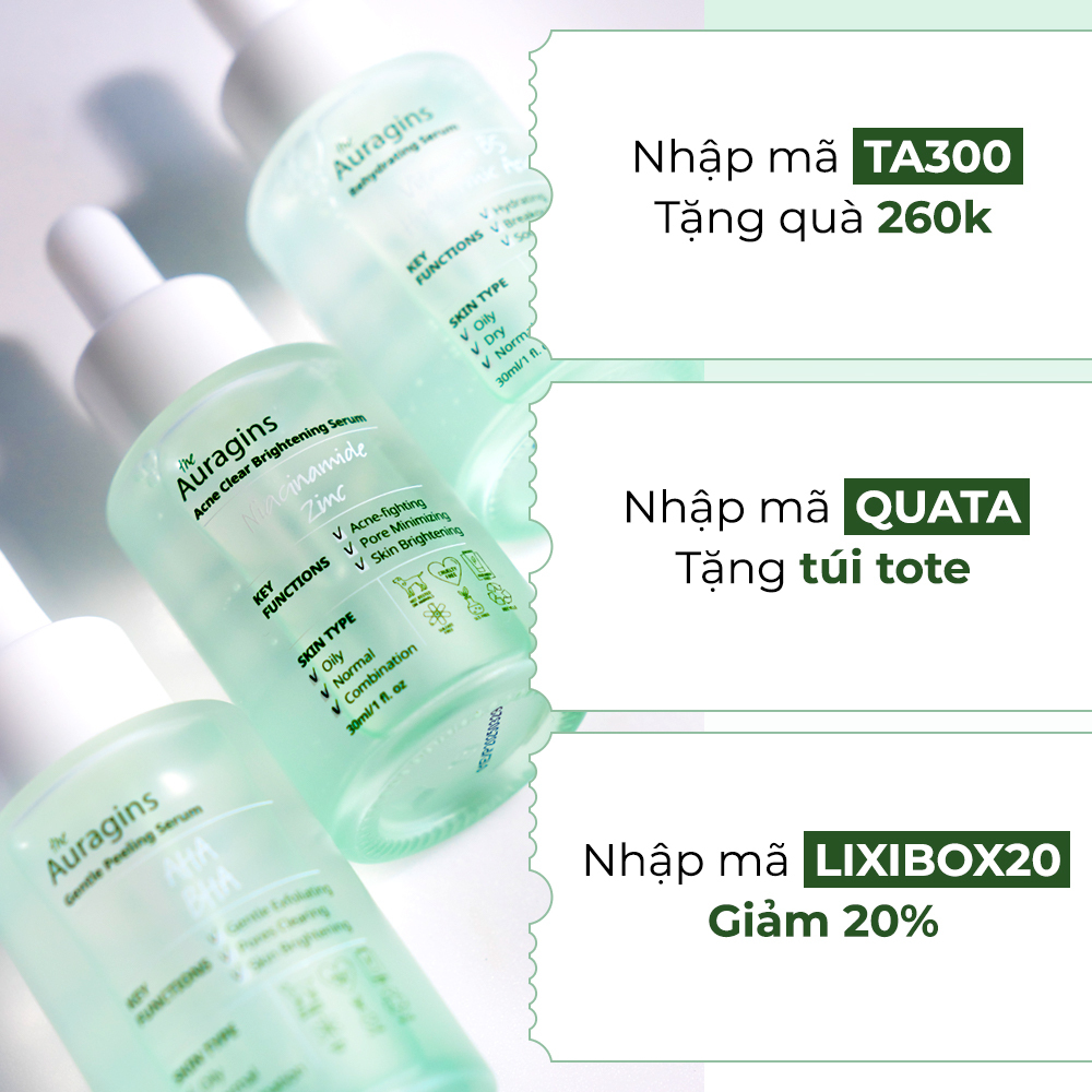 Serum The Auragins 10% Niacinamide + 1% Zinc là sản phẩm lý tưởng cho làn da nhờ vào khả năng làm sáng, trị mụn và không gây kích ứng. Nhập mã TA300 để nhận quà 260k; mã QUATA tặng túi tote; mã LIXIBOX20 giảm giá 20%.