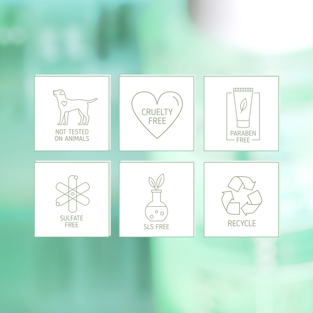 Hình ảnh các biểu tượng cho thấy sản phẩm serum 10% Niacinamide của The Auragins không thử nghiệm trên động vật, thuần chay, không chứa paraben, sulfate, SLS và có thể tái chế. Đây là những yếu tố quan trọng cho những ai yêu thích làm đẹp an toàn và hiệu quả.