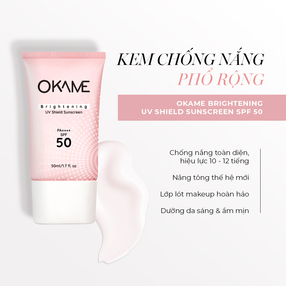 Kem chống nắng Okame Brightening UV Shield SPF 50 với công dụng chống nắng toàn diện, hiệu lực 10-12 tiếng, nâng tông da và lớp lót makeup hoàn hảo, giúp dưỡng da sáng và ẩm mịn. Đừng để tác hại không dùng kem chống nắng ảnh hưởng đến sắc đẹp của bạn!