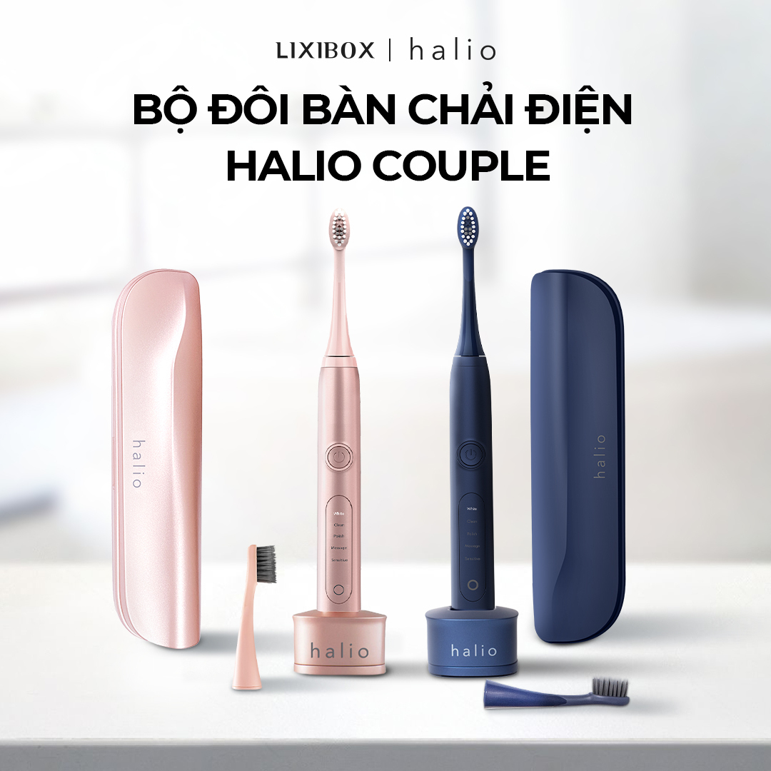 Bộ đôi bàn chải điện Halio Couple với thiết kế sang trọng, bao gồm bàn chải điện Halio Sonic PRO màu hồng và xanh, kèm theo bộ phụ kiện tiện ích, phản ánh công nghệ hiện đại và hiệu quả làm sạch vượt trội.