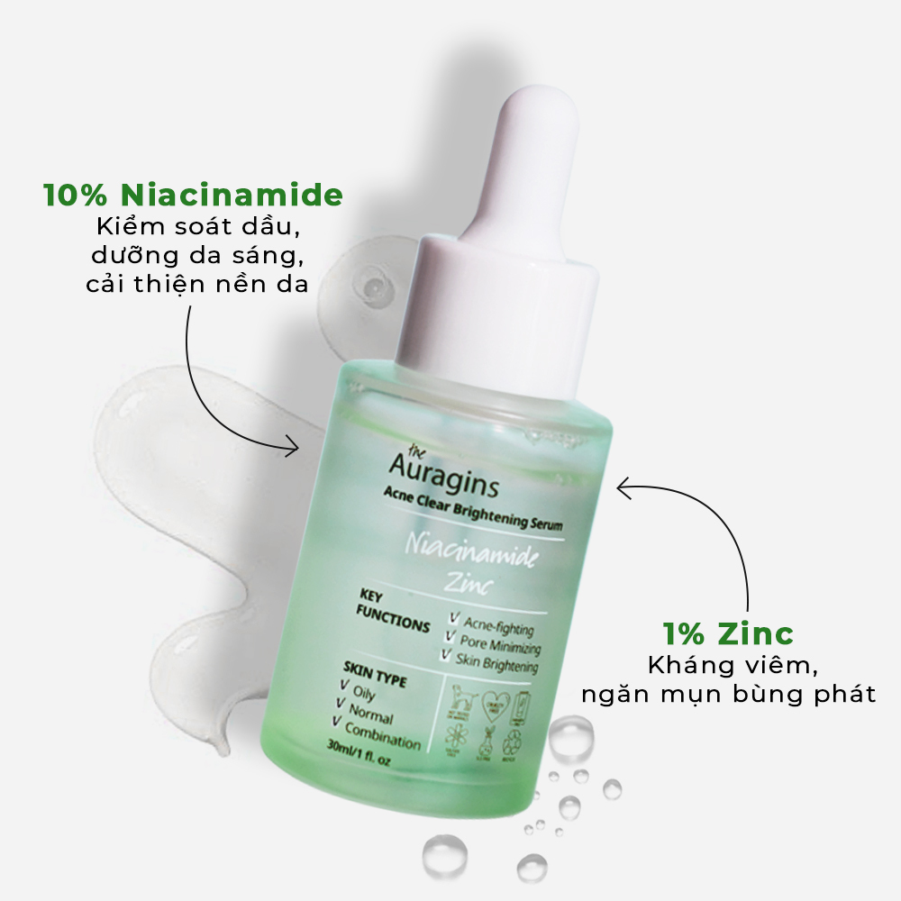 Serum Niacinamide 10% và Zinc 1% từ The Auragins giúp kiềm dầu, sáng da và cải thiện tình trạng mụn cho da dầu mụn. Chăm sóc da dầu mụn hiệu quả với sản phẩm lành tính này.