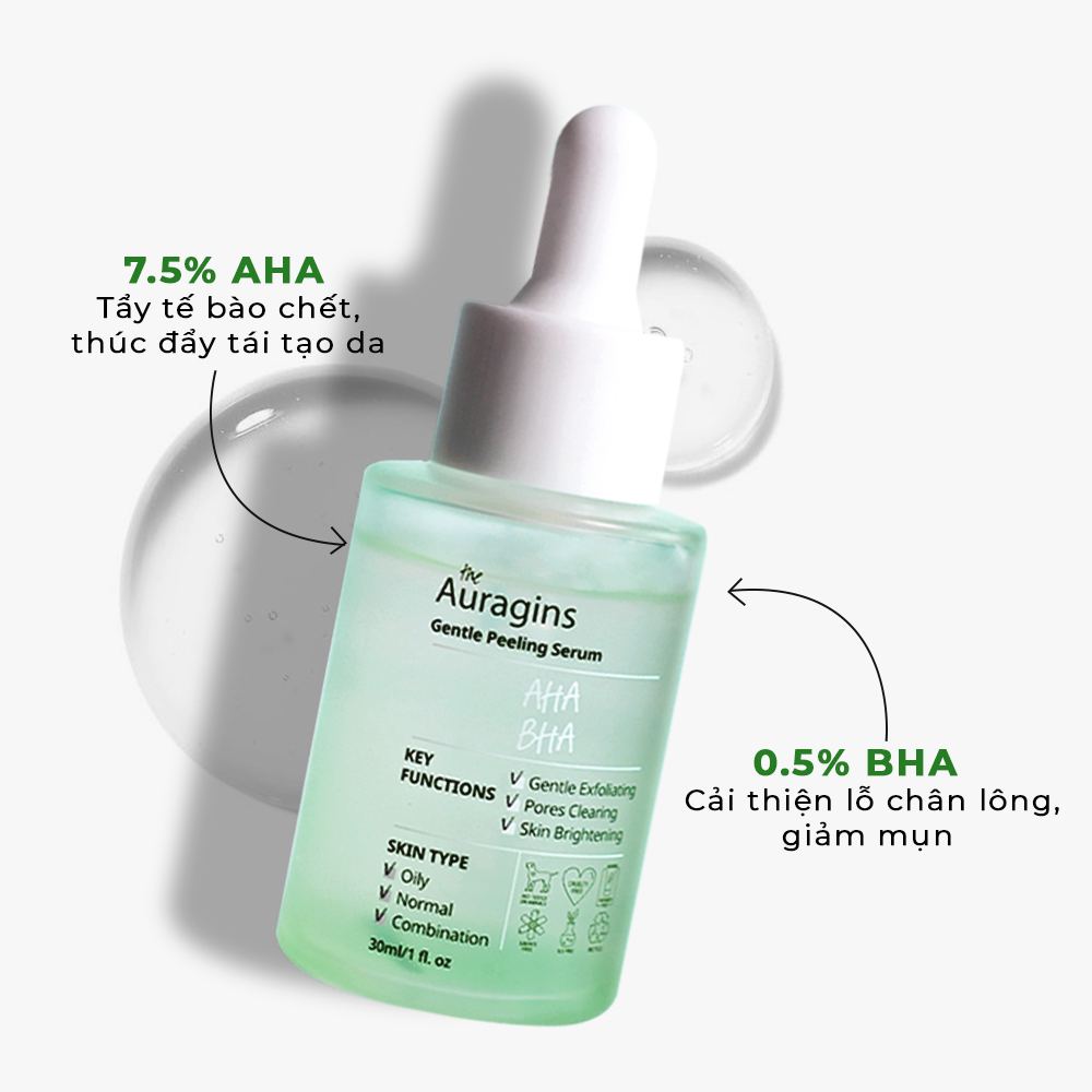 Serum tẩy tế bào chết The Auragins với 7.5% AHA và 0.5% BHA, giúp làm sạch lỗ chân lông, cải thiện da dầu mụn, mang lại làn da sáng khỏe, sản phẩm hoàn hảo cho routine chăm sóc da dầu mụn.