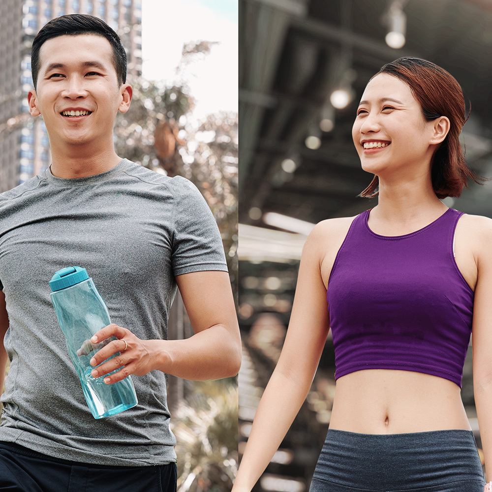 Hai người trẻ năng động trong trang phục thể thao, một người cầm chai nước, biểu thị cho chủ đề yêu xa và các hoạt động giữ gìn mối quan hệ bền lâu từ bài viết "Lời khuyên dành cho hội yêu xa" của Lixibox về những bí quyết yêu xa.