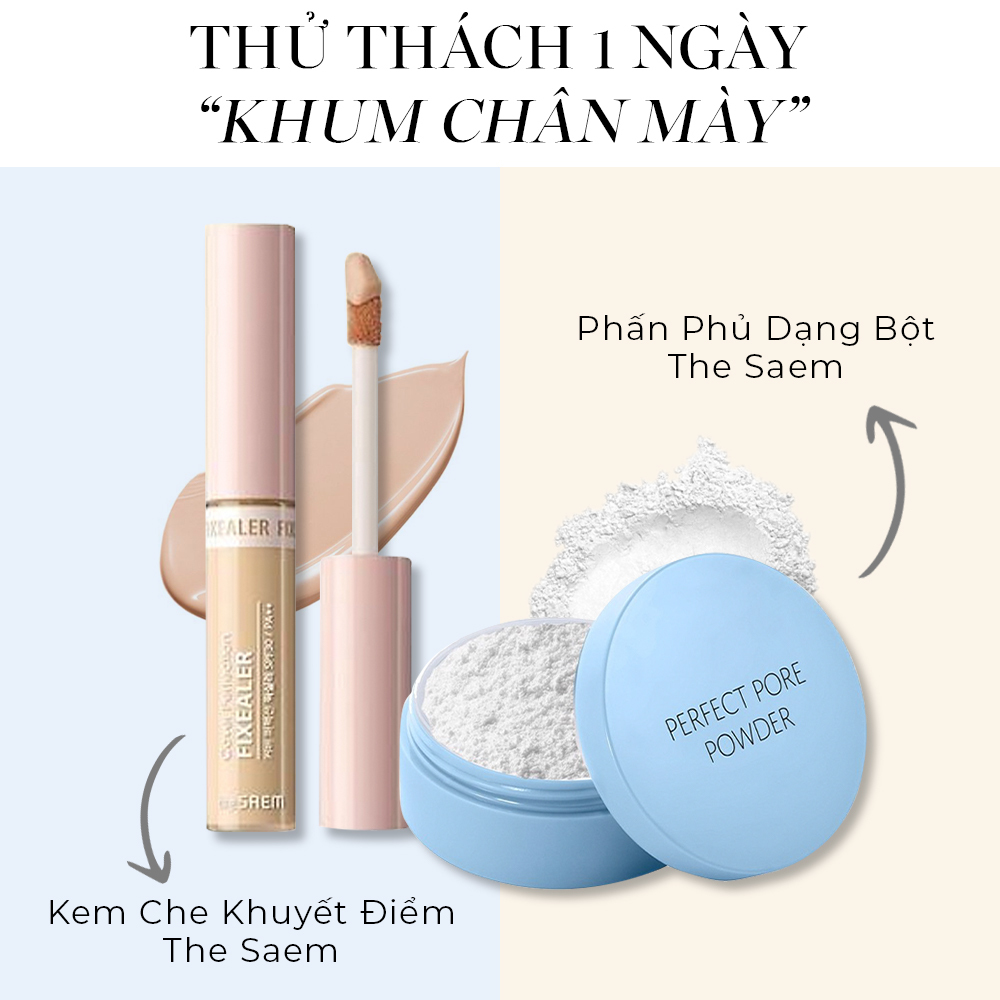 Sản phẩm trang điểm dành cho thử thách "khum chân mày", bao gồm kem che khuyết điểm The Saem và phấn phủ dạng bột The Saem. Trào lưu không có chân mày đang trở thành hot trend trên mạng xã hội, đặc biệt là TikTok, thu hút sự chú ý của nhiều ngôi sao nổi tiếng.