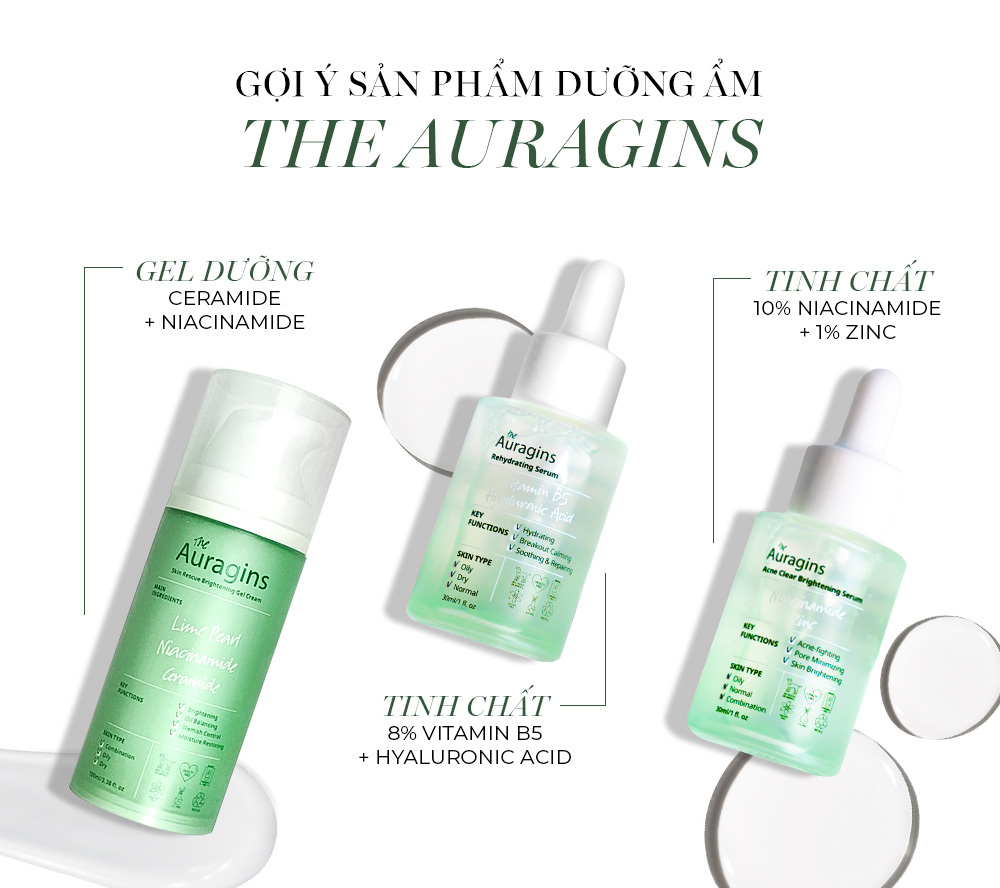 Gợi ý sản phẩm dưỡng ẩm từ The Auragins với gel dưỡng chứa ceramide và niacinamide, cùng tinh chất 10% niacinamide và 1% zinc, giúp cải thiện tình trạng da khô, da mất nước và tăng cường độ ẩm cho làn da.