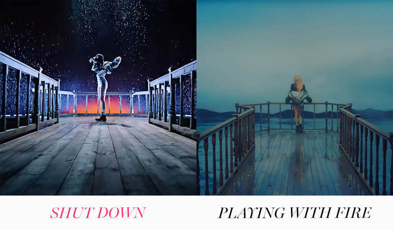 BLACKPINK ra mắt MV Shut Down, tái hiện các biểu tượng của loạt hit cũ. Ảnh chia đôi, bên trái là khoảnh khắc trong MV, bên phải là hình ảnh từ Playing With Fire. Album BORN PINK với sự tham gia của Jennie, Rosé, Lisa và Jisoo đang thu hút sự chú ý.
