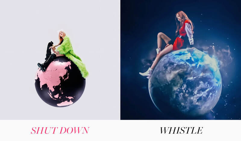 MV Shut Down của BLACKPINK với Rosé nổi bật bên trái bức ảnh và sự xuất hiện của cô trong MV Whistle bên phải, thể hiện sự tái hiện nội dung âm nhạc và văn hóa của nhóm. BLACKPINK ra mắt album Born Pink cùng nhiều hình ảnh ấn tượng.