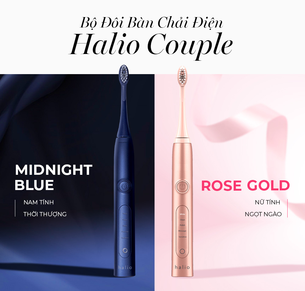 Bộ đôi bàn chải điện Halio Couple với hai màu sắc nổi bật: Midnight Blue nam tính và Rose Gold nữ tính, mang lại trải nghiệm đánh răng hiệu quả cho cả gia đình. Khám phá ưu đãi tiết kiệm 900k và cách chăm sóc răng miệng cho bé.