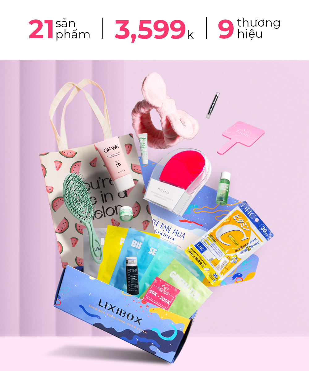 Bộ sản phẩm từ Lixibox với 21 mặt hàng và giá 3,599k, thể hiện ưu đãi hấp dẫn trong GWP tháng 8, bao gồm các thương hiệu nổi tiếng, quảng bá cho ưu đãi khi mua hàng online Lixibox và GWP là gì.