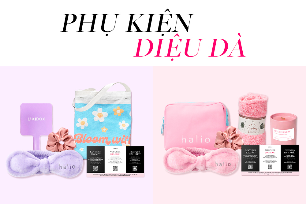 Phụ kiện làm đẹp từ Lixibox trong chương trình GWP 20.10. Các sản phẩm như túi xách, băng đô, khăn tắm và nến mang lại giá trị quà tặng hơn 2 triệu đồng cho mỗi đơn hàng từ 2 triệu đồng. GWP Lixibox đang thu hút nhiều tín đồ làm đẹp tham gia.