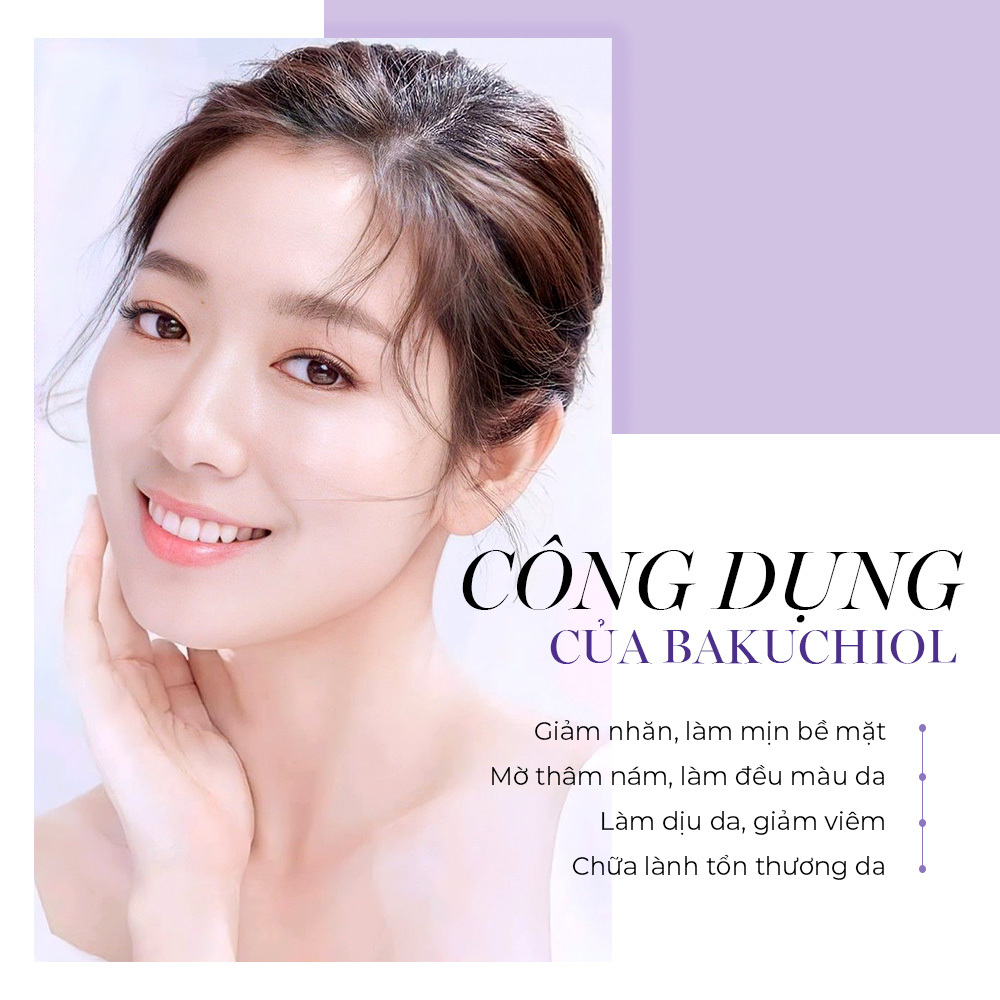 Công dụng của Bakuchiol: Giảm nhăn, làm mịn bé mặt, mờ thâm nám, làm đều màu da, làm dịu da, giảm viêm, chữa lành tổn thương da. Khám phá sự thay thế hoàn hảo cho Retinol trong việc chống lão hóa da và các công dụng tuyệt vời của Bakuchiol.