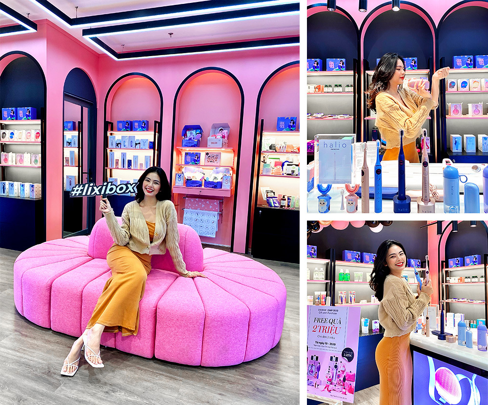 Bên trong cửa hàng mới khai trương của Lixibox tại Đà Lạt, một KOL vui vẻ tạo dáng bên máy rửa mặt halio và sản phẩm làm đẹp. Cửa hàng mang đến trải nghiệm mua sắm độc đáo cho tín đồ làm đẹp, thu hút sự quan tâm từ giới trẻ.