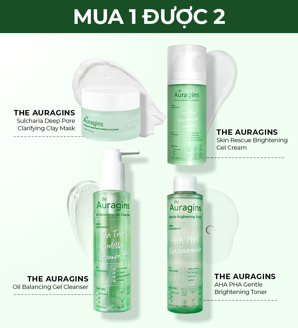 Khám phá các sản phẩm của THE AURAGINS nằm trong chương trình "Mua 1 được 2" tại Lixibox trong ngày lễ độc thân 11.11, bao gồm mặt nạ đất sét, kem dưỡng sáng da, sữa rửa mặt và nước hoa hồng. Đừng bỏ lỡ cơ hội săn sale hấp dẫn với GWP từ các thương hiệu mỹ phẩm nổi tiếng!