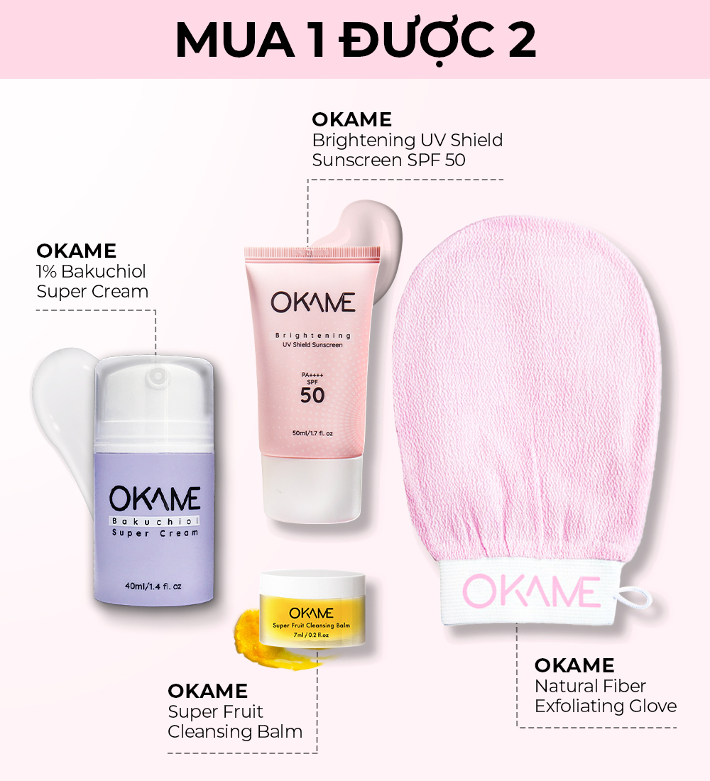 Các sản phẩm chăm sóc da OKAME bao gồm kem chống nắng Brightening UV Shield SPF 50, Bakuchiol Super Cream, Super Fruit Cleansing Balm, và găng tay tẩy tế bào chết tự nhiên, cùng ưu đãi độc quyền "mua 1 được 2" trong ngày lễ độc thân 11.11 tại Lixibox.