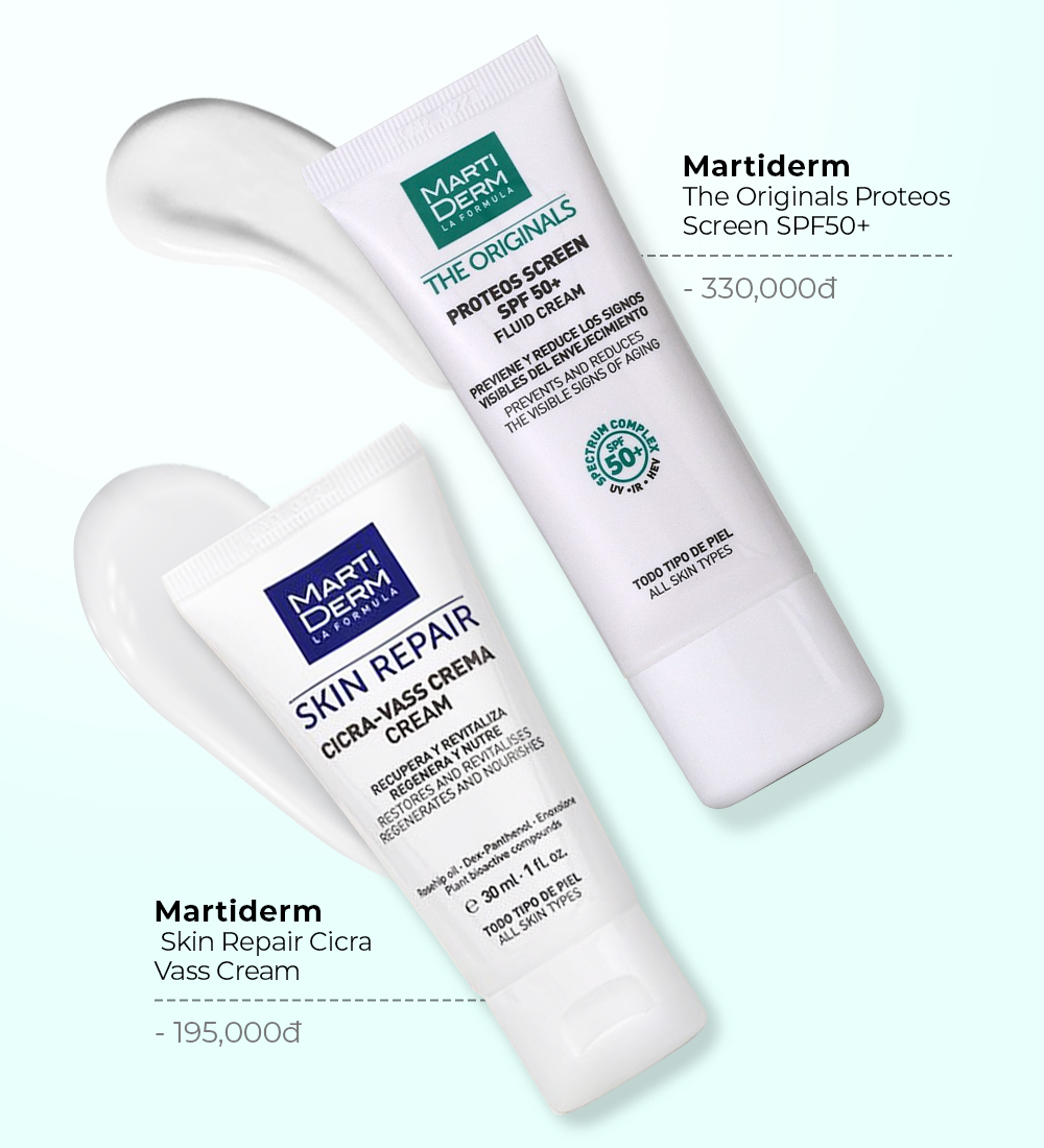 Hai sản phẩm của Martiderm với ghi chú giá, bao gồm Proteos Screen SPF50+ và Skin Repair Cira Vass Cream, đang nằm trên nền xanh nhạt. Cơ hội săn sale 11.11 độc quyền tại Lixibox, nơi những thương hiệu mỹ phẩm như Paula’s Choice và Martiderm tham gia các chương trình giảm giá hấp dẫn.