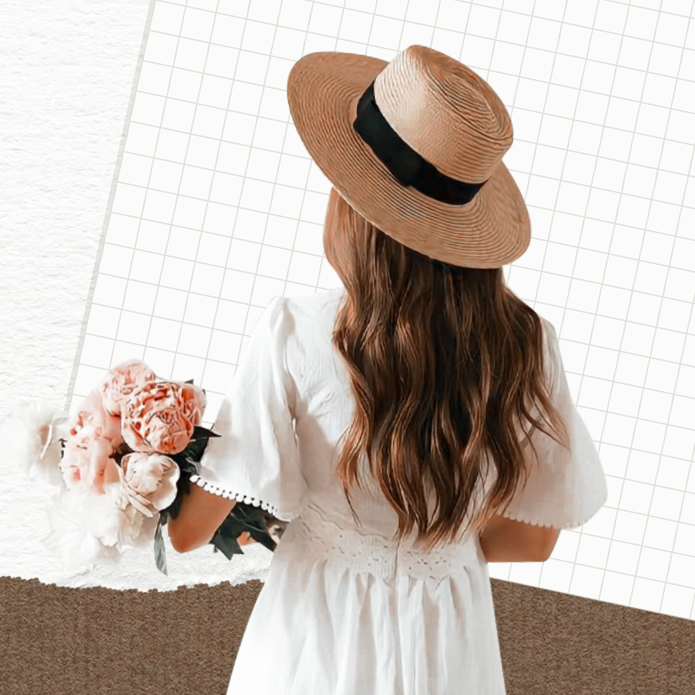 Một cô gái đứng quay lưng, đội mũ rộng vành và cầm bó hoa, tạo nên hình ảnh hấp dẫn. Bài trắc nghiệm tính cách từ Lixibox giúp bạn khám phá ai sẽ là “bóng lưng quyến rũ” nhất trong dịp Lễ Độc Thân 11.11.