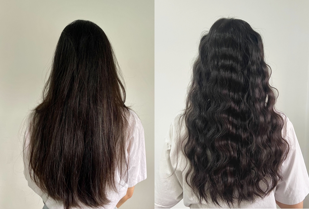 Hình ảnh cho thấy sự khác biệt trước và sau khi sử dụng Máy Uốn Sóng Ion Âm Halio InstaGlam Premium, thể hiện tóc thẳng mượt chuyển thành kiểu sóng nước quyến rũ. Cùng Lixibox tìm hiểu những lý do khiến Gen Z mê mẩn sản phẩm này.