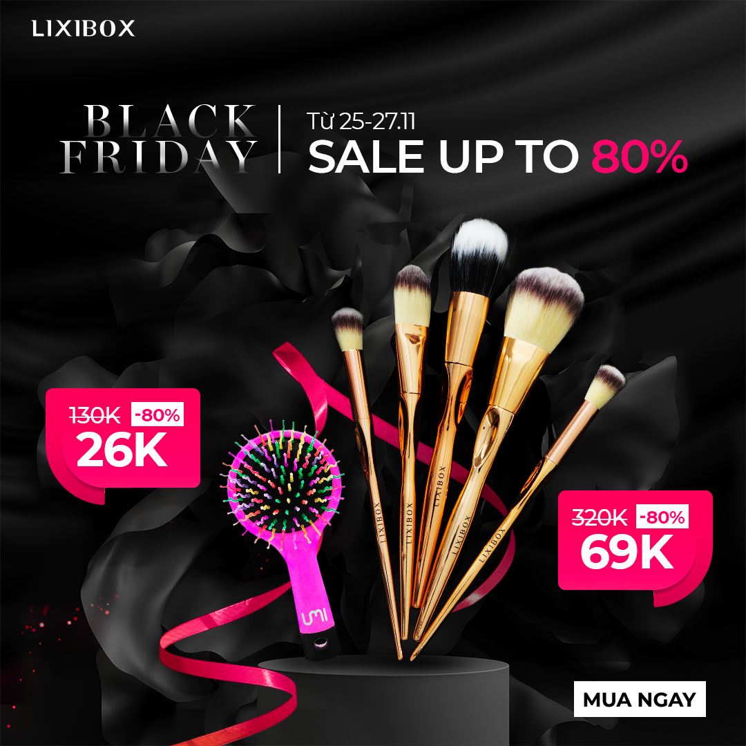 Black Friday tại Lixibox từ 25-27/11 với ưu đãi giảm giá lên đến 80%. Sản phẩm bao gồm bộ cọ trang điểm và máy uốn tóc ion âm Halio InstaGlam Premium. Đây là cơ hội tuyệt vời để săn sale siêu khủng mùa lễ hội.