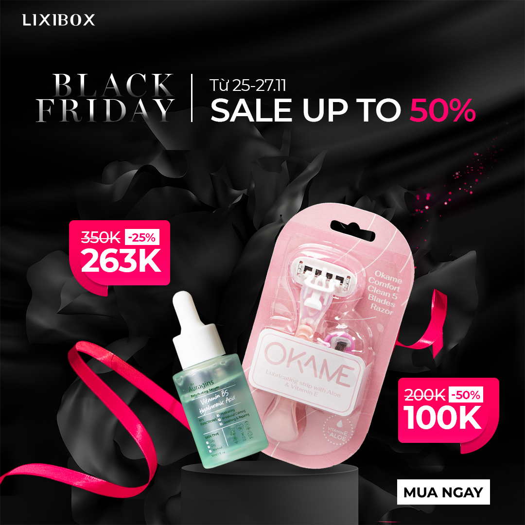 Chương trình Black Friday 2022 của Lixibox từ 25-27/11 với ưu đãi giảm giá lên tới 50%. Sản phẩm Vitamin B5 Hydrating Peel giảm từ 350K còn 263K và dao cạo Okame giảm từ 200K còn 100K, hấp dẫn cho tín đồ săn sale.