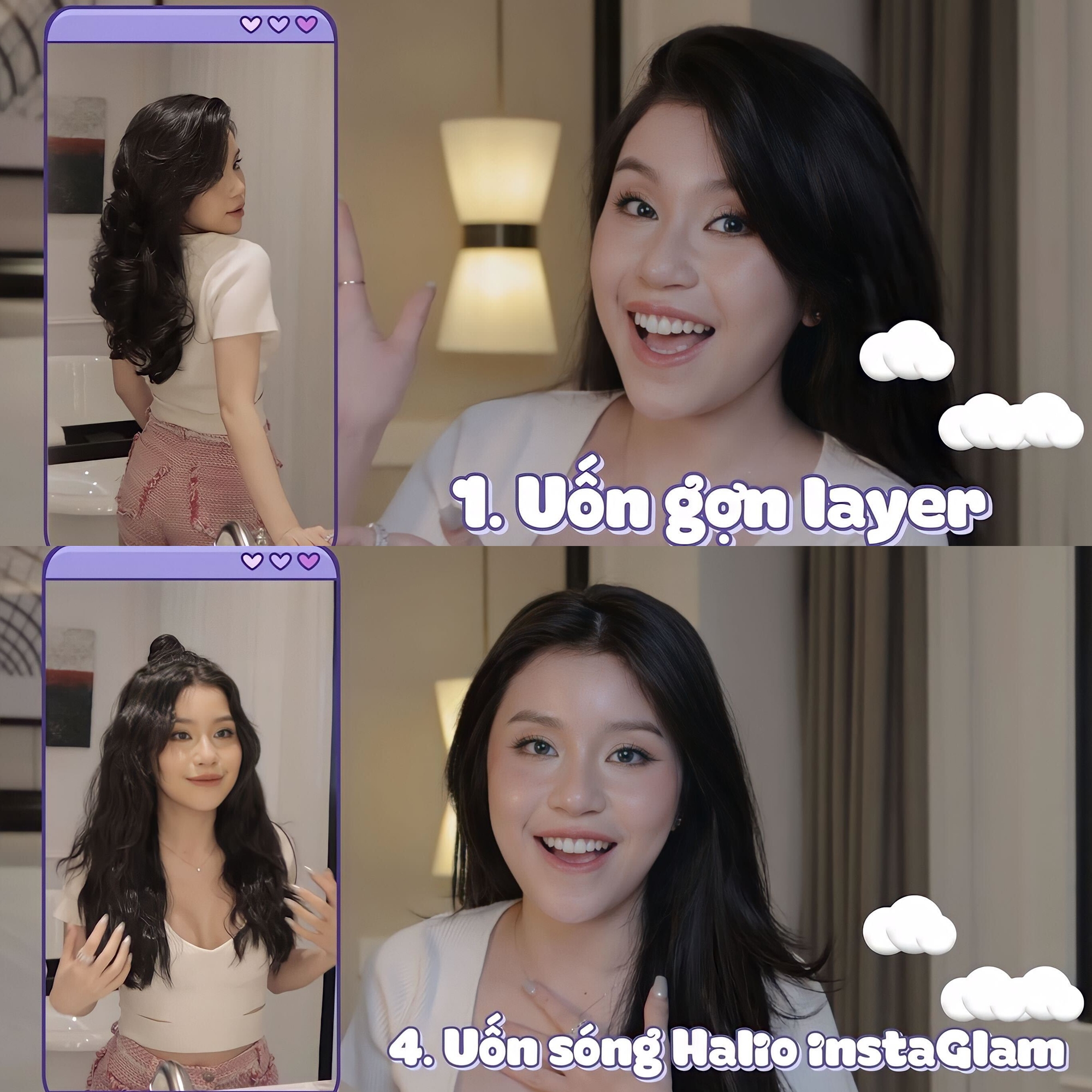 Bức ảnh trình diễn các kiểu tóc uốn từ Máy uốn Sóng Ion Âm Halio InstaGlam Premium và Máy Uốn Tóc Tự Xoay Ion Âm Halio InstaCurl Premium, nổi bật với các phong cách "Uốn gọn layer" và "Uốn sóng Halio instaGlam". Đồ dùng công nghệ tạo kiểu tóc chất lượng cao giúp tạo nên những mái tóc uốn đẹp 10/10, thu hút sự chú ý của nhiều bạn trẻ.