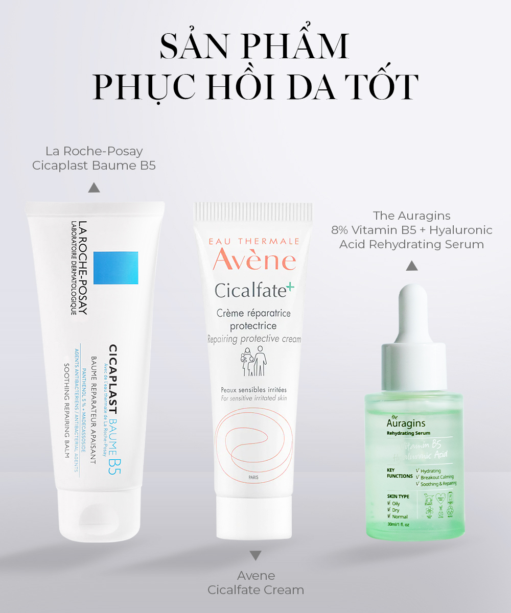 Bảng sản phẩm phục hồi da tốt bao gồm La Roche-Posay Cicaplast Baume B5, Avène Cicalfate+ và The Auragins 8% Vitamin B5 + Hyaluronic Acid Rehydrating Serum, nổi bật với công dụng dưỡng ẩm và phục hồi da mặt hiệu quả sau khi nặn mụn.