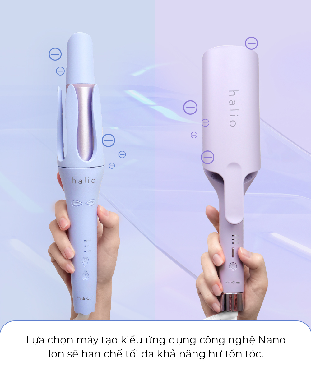 Máy uốn tóc Halio InstaCurl và InstaGlam với công nghệ Nano Ion giúp chăm sóc tóc, hạn chế hư tổn. Bài viết hướng dẫn 6 thói quen dưỡng tóc để có mái tóc chắc khỏe và bồng bềnh cho Tết.