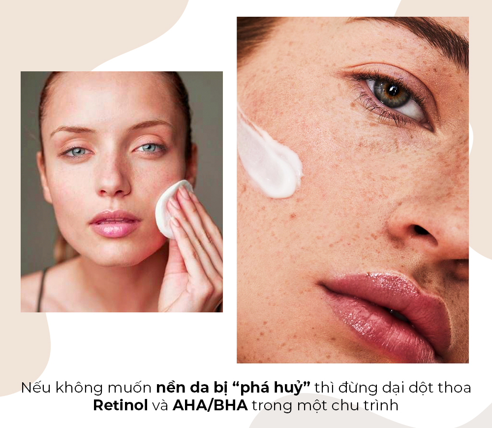 Hướng dẫn skincare hiệu quả: Đừng kết hợp Retinol và AHA/BHA trong một chu trình, tránh gây hại cho da. Tránh sai lầm khi dưỡng da với thành phần mỹ phẩm. Lixibox đồng hành cùng bạn trong chăm sóc da.