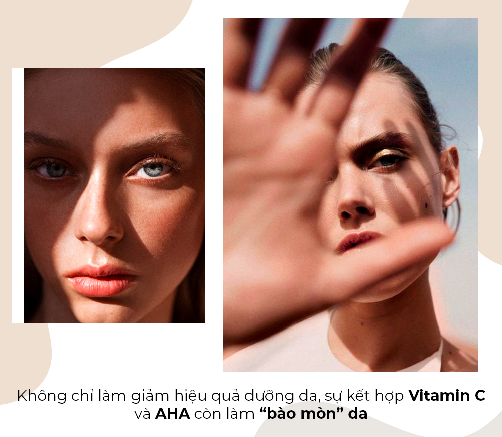 Bức ảnh trình bày bài viết về việc dừng kết hợp các thành phần mỹ phẩm như AHA và Vitamin C trong quy trình dưỡng da. Hình ảnh thể hiện sự tác động của cách kết hợp sai lầm này lên da, gây kích ứng và tổn hại cho làn da.