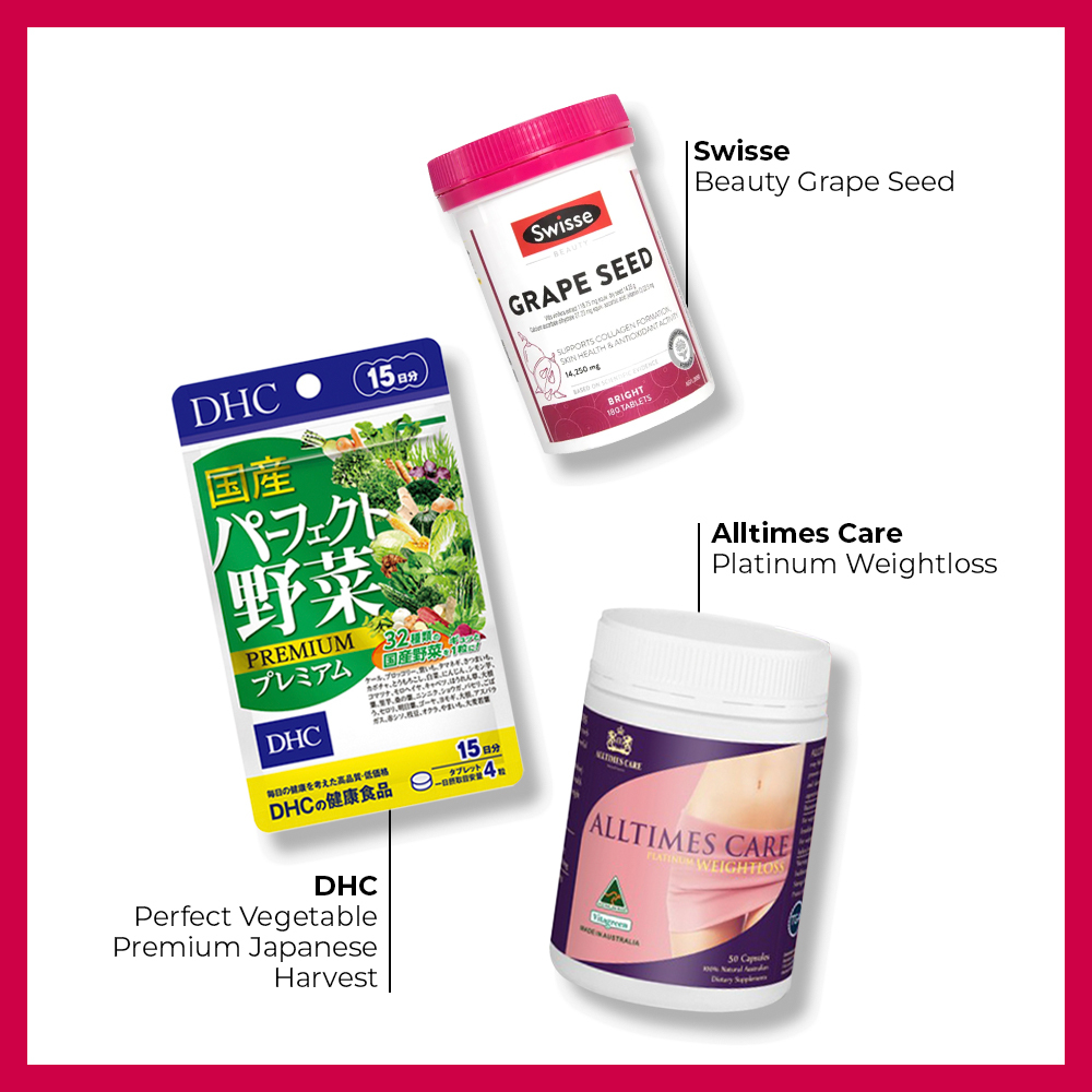 Ba sản phẩm bổ dưỡng giúp dưỡng da và hỗ trợ giảm cân: Swisse Beauty Grape Seed, DHC Perfect Vegetable Premium Japanese Harvest, Alltimes Care Platinum Weightloss, kết hợp hoàn hảo xu hướng Viva Magenta 2023.