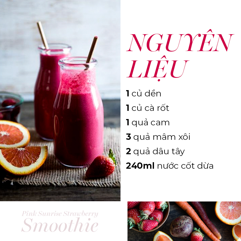 Nguyên liệu làm smoothie Viva Magenta với các thành phần như củ dền, cà rốt, cam, mâm xôi, dâu tây và nước cốt dừa. Khám phá xu hướng Pantone 2023 kết hợp giữa dưỡng da và sức khỏe với Lixibox Skincare.