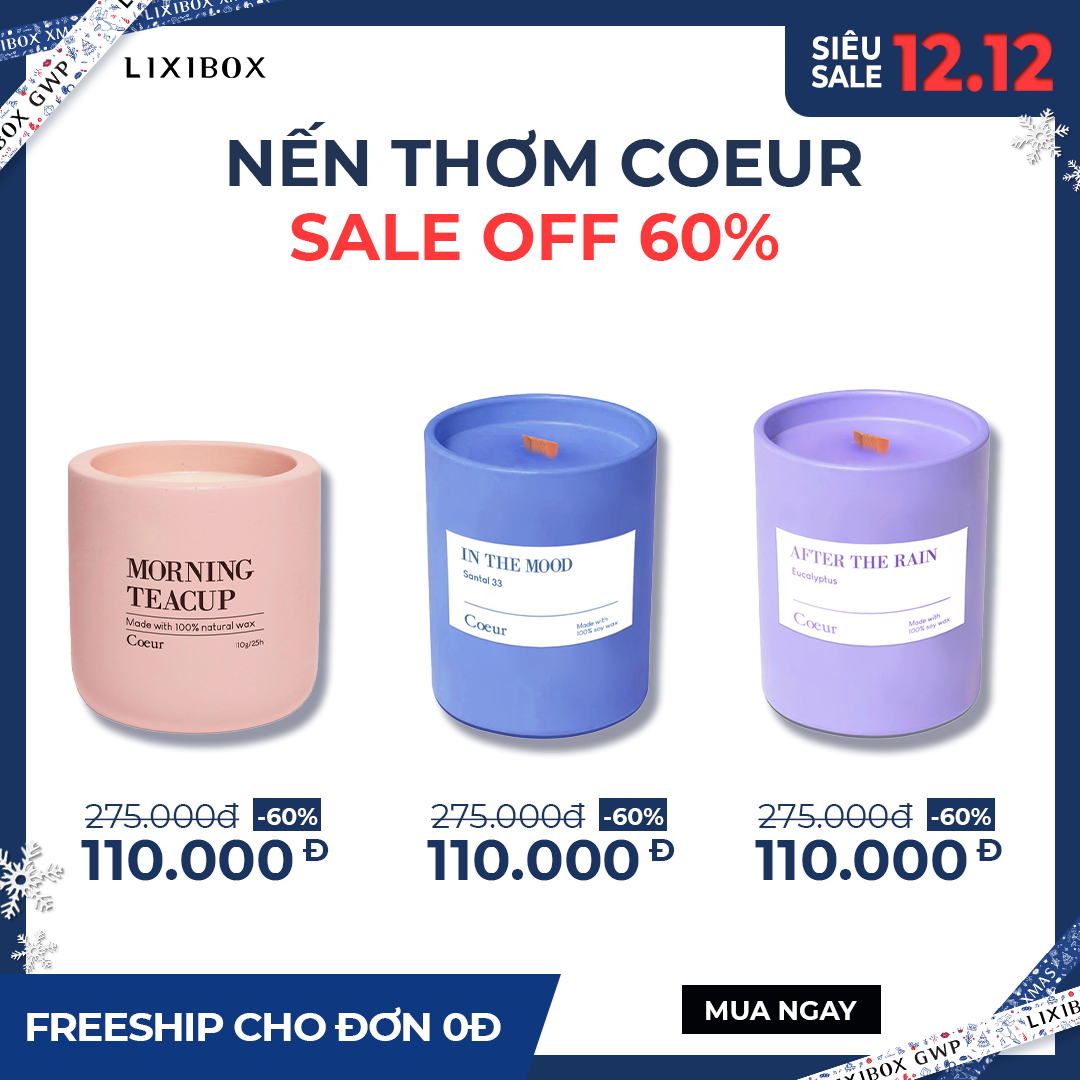 Nến thơm Coeur giảm giá 60% trong chương trình sale cuối năm 2022. Các sản phẩm: Morning Teacup, In The Mood, và After The Rain đều có giá chỉ 110.000đ. Hãy tham gia săn sale GWP và chớp ngay cơ hội với Lixibox! Hỗ trợ freeship cho đơn từ 0đ.